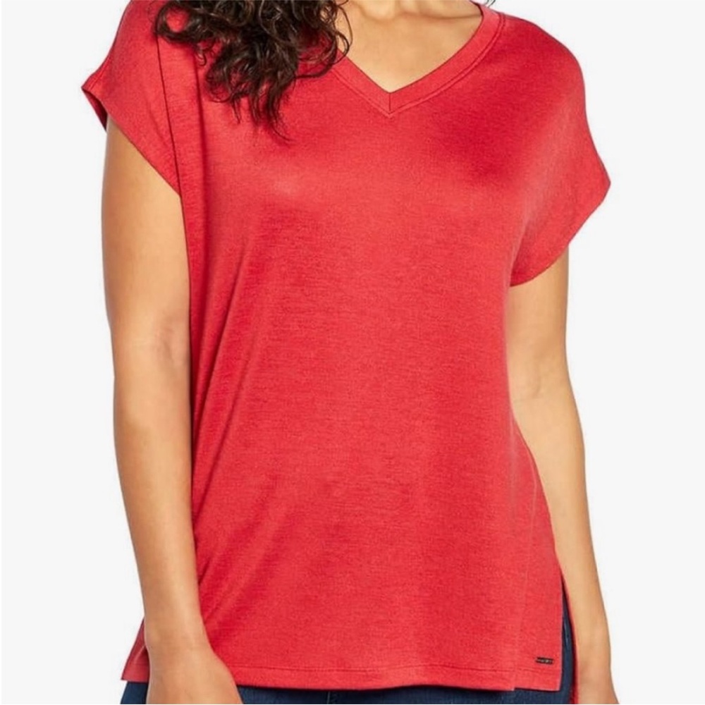 Orvis short sleeve burnt clay v neck tunic knit top, sz L outdoor athleisure